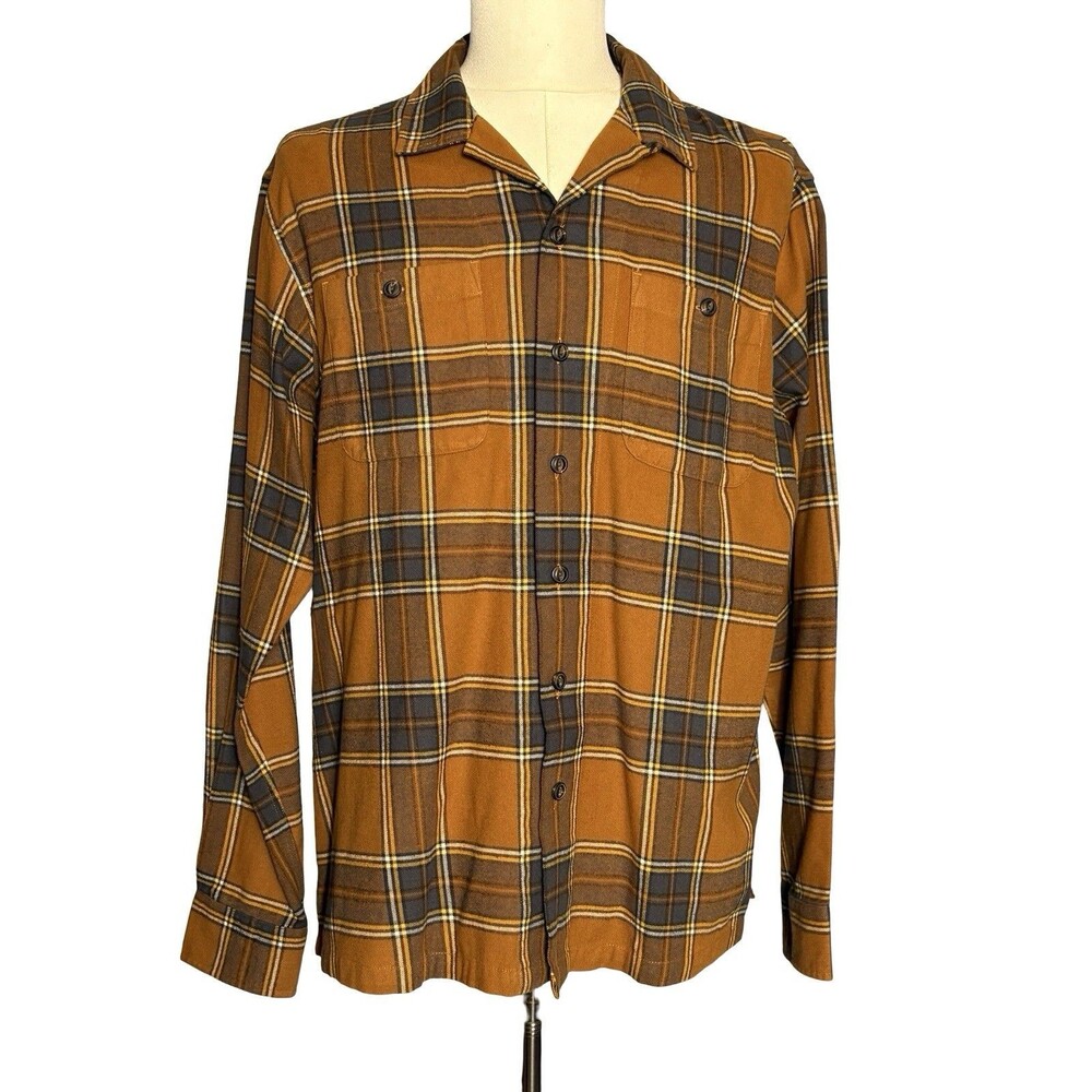 LINE OF TRADE PLAID BUTTON UP SHIRT XL RUST BROWN FLANNEL COTTON EUC